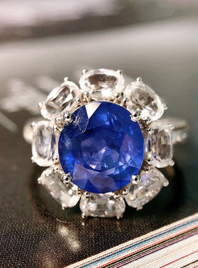 宝创集18K金3.39克拉天然皇家蓝宝石戒指白蓝宝钻石彩宝简约时尚