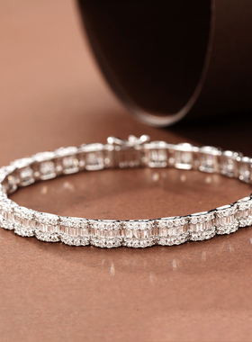 宝创集2.99克拉天然钻石手链18k金镶梯方钻圆钻高级质感坦克手链