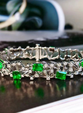 宝创集18K金镶嵌4.59克拉阿富汗潘杰希尔祖母绿手链女彩宝