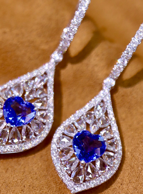 宝创集18K金3.10克拉天然蓝宝石爱心耳饰彩宝真金真钻带大证CGRL