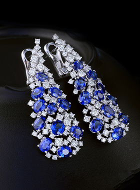 宝创集8.32克拉蓝宝石耳环女长款耳饰钻石18k金彩宝珠宝镶嵌定制