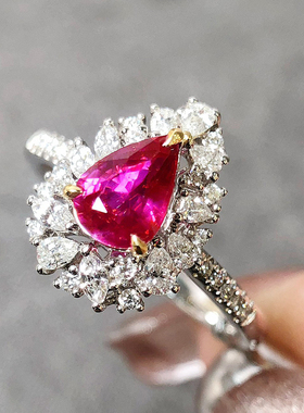 宝创集18K金1.02克拉天然红宝石无烧水滴戒指真金真钻CGRL大证