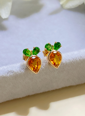 宝创集1克拉天然彩色蓝宝石耳钉18K金橙色蓝宝石胡萝卜耳钉可爱