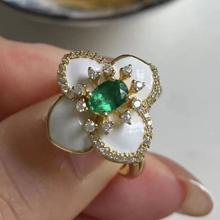 宝创集18K金镶嵌祖母绿戒指链条款个性定制真金复古百搭休闲戒指