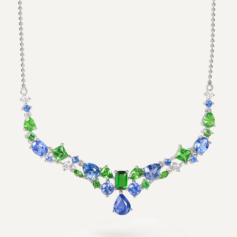 宝创集18k金莫奈的花园系列天然彩色蓝宝石沙弗莱清新款项链真金