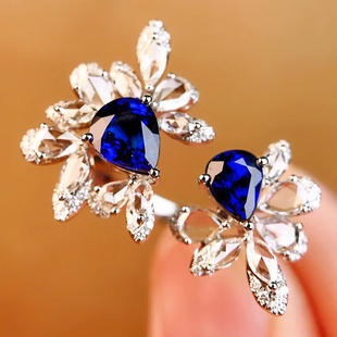 宝创集1.4克拉斯里兰卡天然皇家蓝宝石18K金钻石戒指开口戒玫瑰切