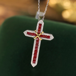 宝创集18K镶1.15克拉天然鸽血红宝石十字架吊坠钻石彩宝链坠送礼
