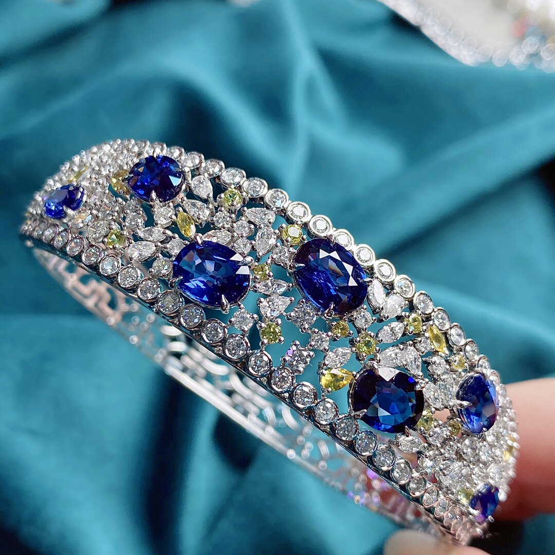 宝创集18K金7.5克拉天然皇家蓝宝石手镯豪华宽版高级豪镶钻石手饰