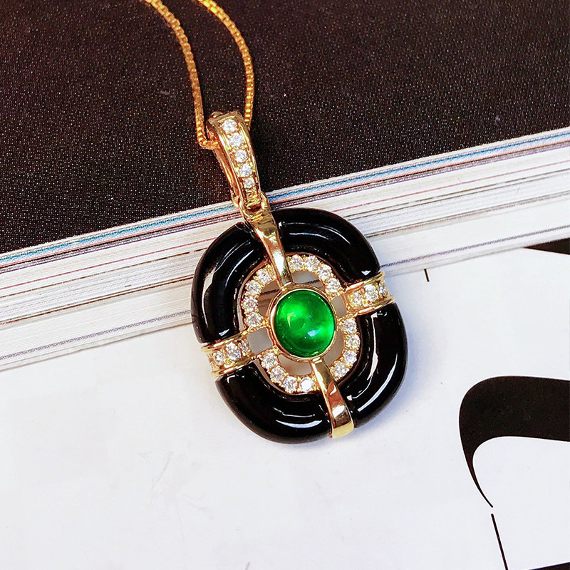 宝创集18K金0.42克拉阿富汗潘杰希尔祖母绿黑玛瑙百搭款钻石吊坠