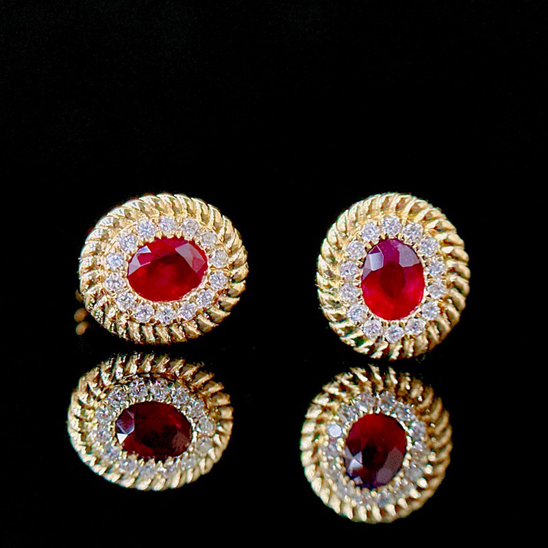 宝创集0.5克拉天然鸽血红宝石耳钉18k黄金复古麻花宫廷风设计耳环