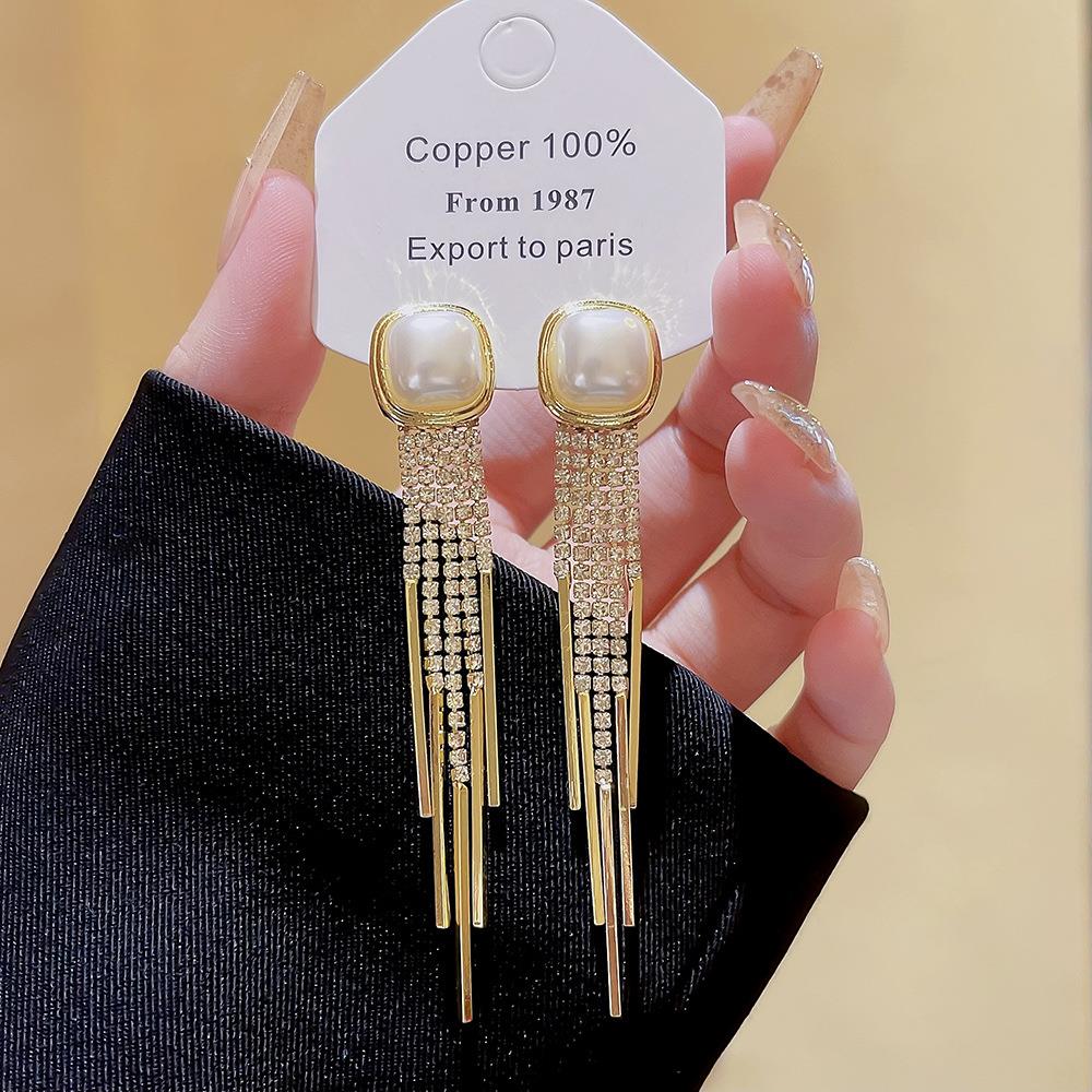 925银针珍珠长款流苏耳饰轻奢高级感气质耳钉欧美时尚金属风耳环