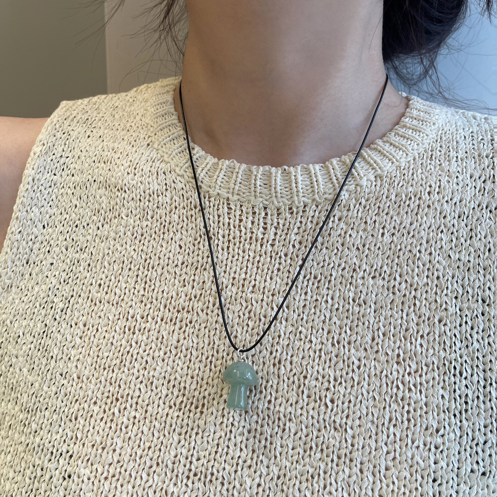 奶酪cheese韩版复古蘑菇吊坠项链绿东陵/白玉石黑绳毛衣链925银