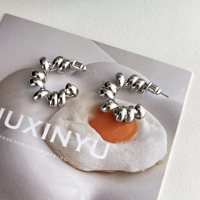 螺旋缠绕电话线铜镀925银耳环