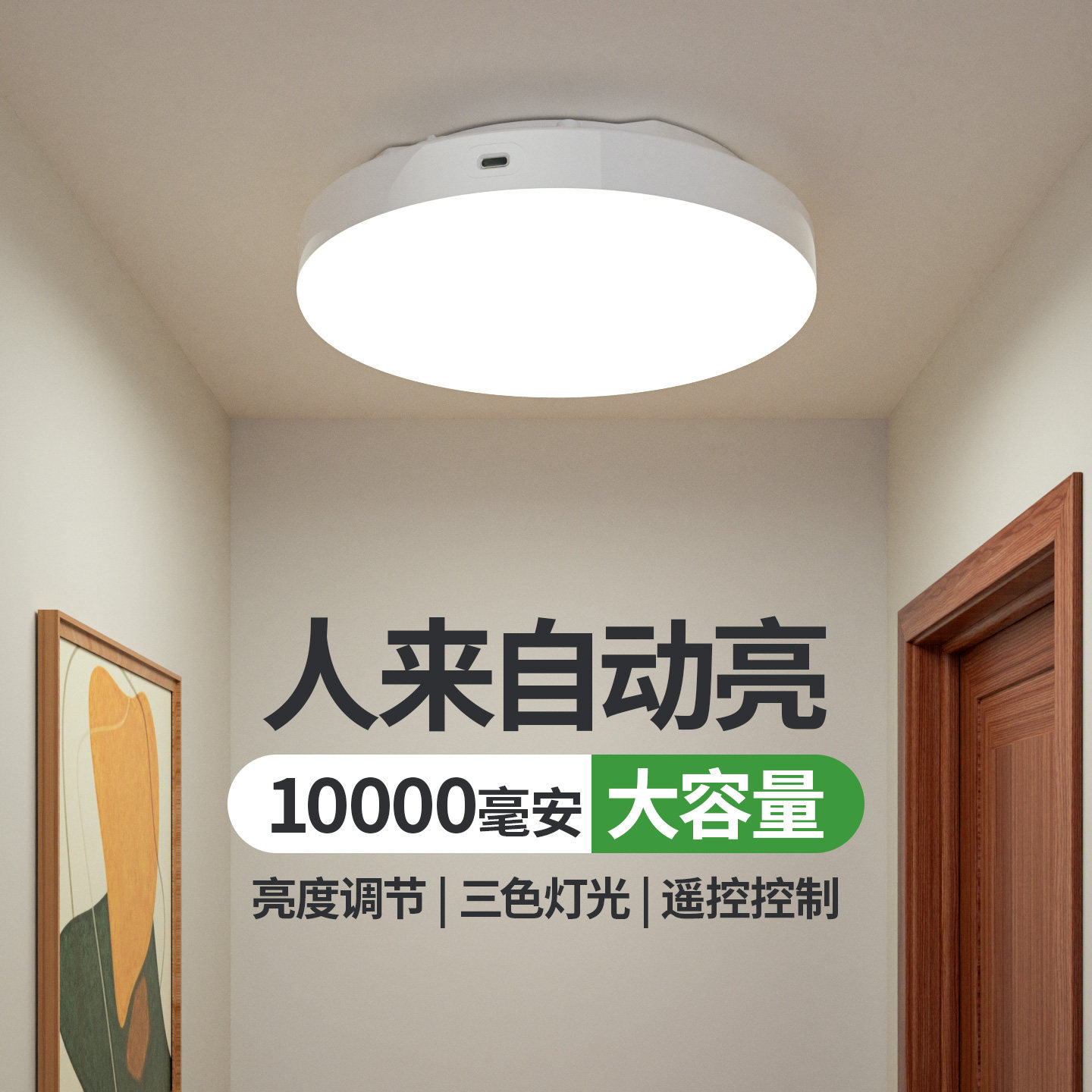 充电式雷达人体感应灯入户门玄关楼梯过道灯人来即亮免接线吸顶灯