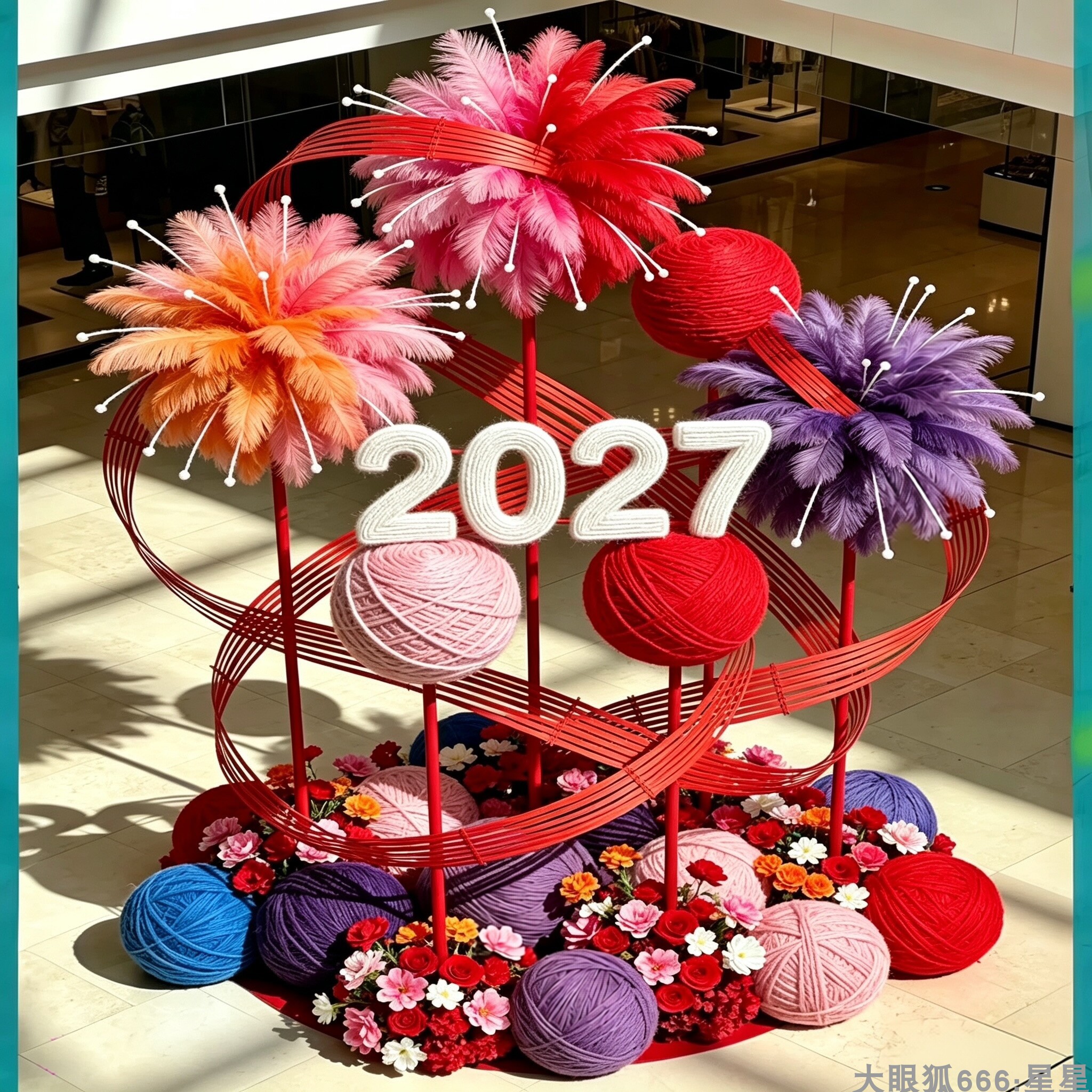 2027新年毛线球羽毛花艺美陈酒店商场大堂网红打卡落地装置摆件