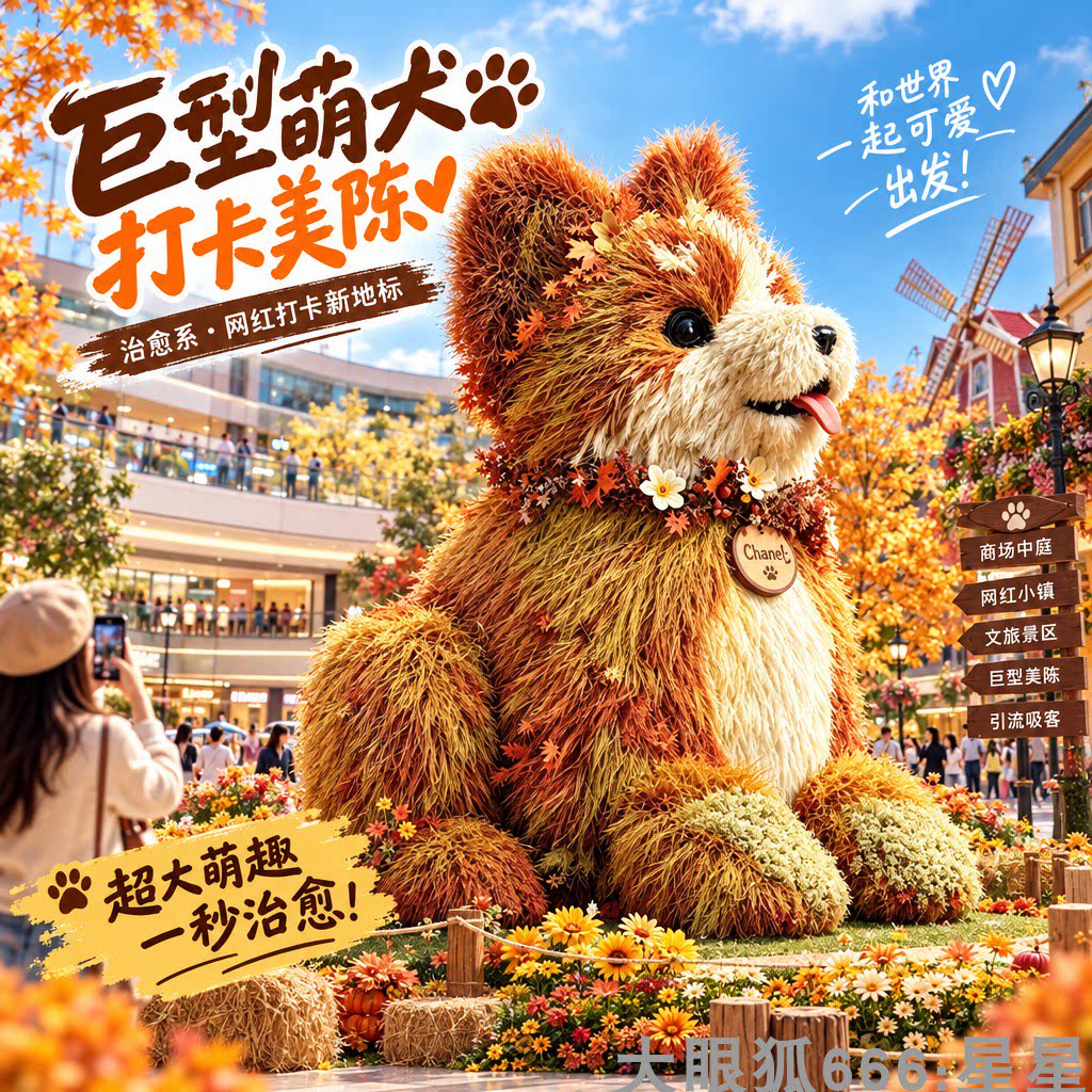秋日巨型萌宠动物仿真长毛雕塑商场中庭外广场网红打卡落地摆件