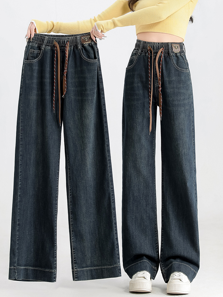 2025年春秋季女式松紧带牛仔裤新款大号宽松九分娇小窄直阔腿裤