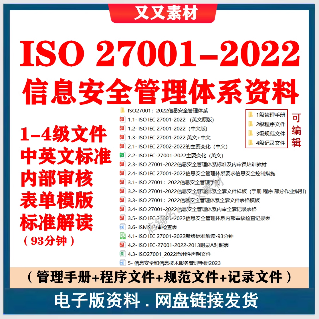 ISO 27001-2022信息安全管理体系资料1-4级文件 表格模板标准解读