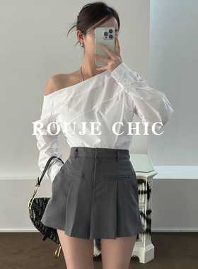 法国Rouje Chic法式斜肩不规则衬衫女春高腰设计感休闲短裤两件套
