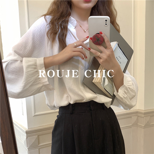 Chic法式 黑色v领雪纺衫 女夏季 法国Rouje 设计感小众薄款 防晒衬衫