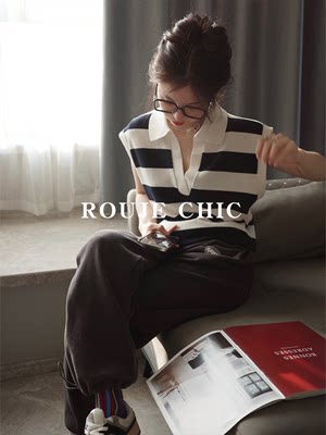 法国Rouje Chic法式条纹polo领冰丝针织短袖t恤女设计感无袖上衣