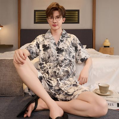 男士睡衣夏季薄款开衫2025新款短袖短裤冰丝凉感青少年家居服套装
