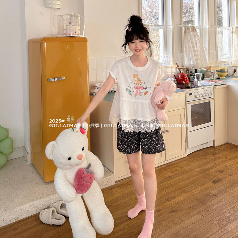 Gill Aiamr小熊睡衣女款夏季甜美蕾丝花边碎花裤子短裤家居服套装