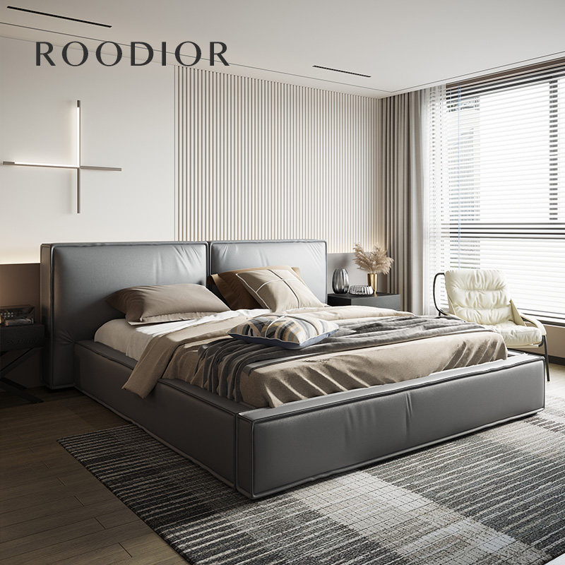 roodior 现代轻奢双人床简约风格头层牛皮1.8m意式真皮床主卧婚床