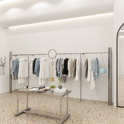 服装店展示架上墙亚克力ins风男女装店专用衣服架子不锈钢挂衣架