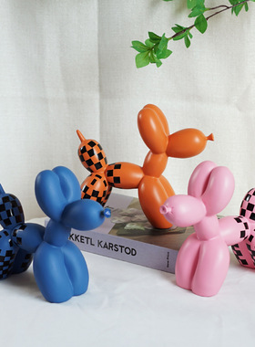 跨境简约格子气球狗摆件家居桌面客厅电视柜软装树脂工艺品装饰品