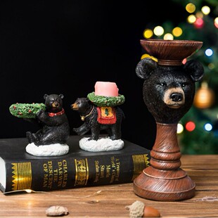 跨境圣诞节黑熊烛台摆件家居客厅玄关桌面树脂工艺品圣诞装饰品