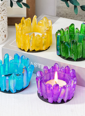 跨境天然水晶电镀彩色单晶体烛台香薰消磁石家居氛围装饰烛台摆件
