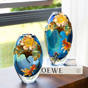 柏梵轻奢鱼戏莲叶琉璃花瓶摆件高档珐琅彩客厅玄关插花装饰花瓶