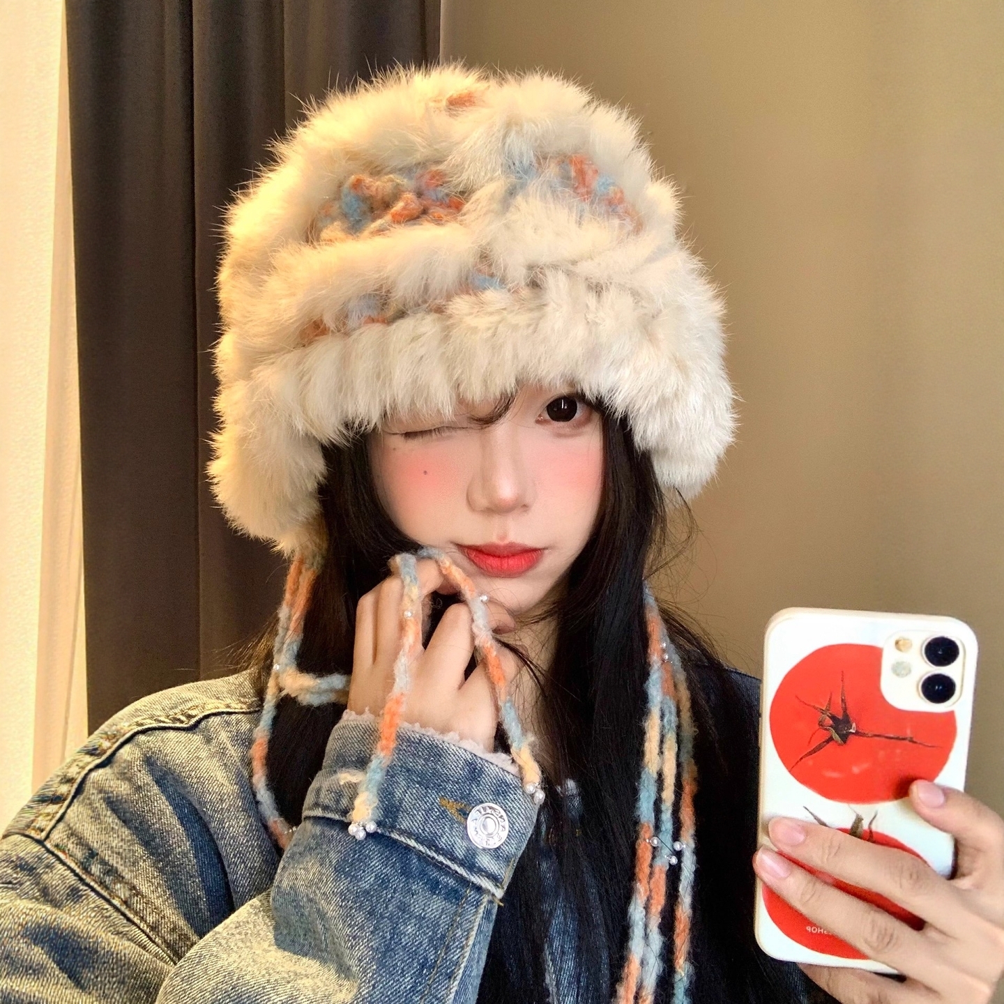 2025新款兔毛云朵针织醒狮帽子女秋冬保暖毛绒流苏氛围感拍照出片