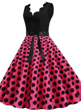 2020夏季亚马逊时尚前后V领波点圆点无袖拼接修身连衣裙舞蹈裙4色