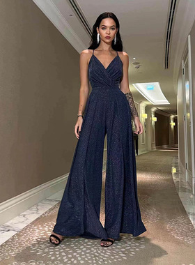 2024 Tight Pack Hip Open Back Wide Leg jumpsuit 连体裤