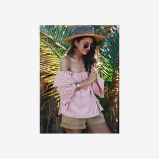 2018夏季新品女装欧洲站一字领喇叭袖红条纹短袖衬衫women shirt