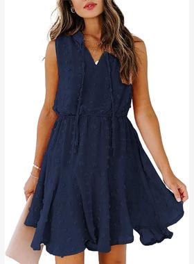 速卖通夏季V领浅蓝色时尚系带点点收腰显瘦无袖背心连衣裙女DRESS