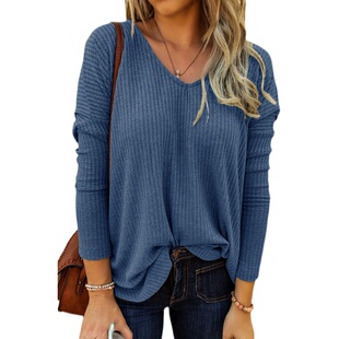 欧美风春秋新款 T恤Women shirt V领蓝色宽松套头休闲针织长袖