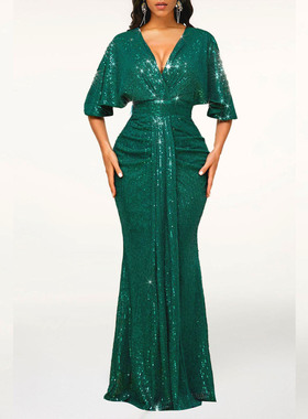 Green V-neck sequin dress wedding 绿色V领亮片礼服裙婚礼长裙