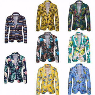 修身 男士 单扣西服男 亚马逊eBay跨境外贸夏威夷度假风碎花西装 欧码