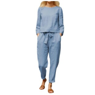 速卖通秋季新品橙色圆领纯色短款长袖上衣长裤宽松休闲两件套装女