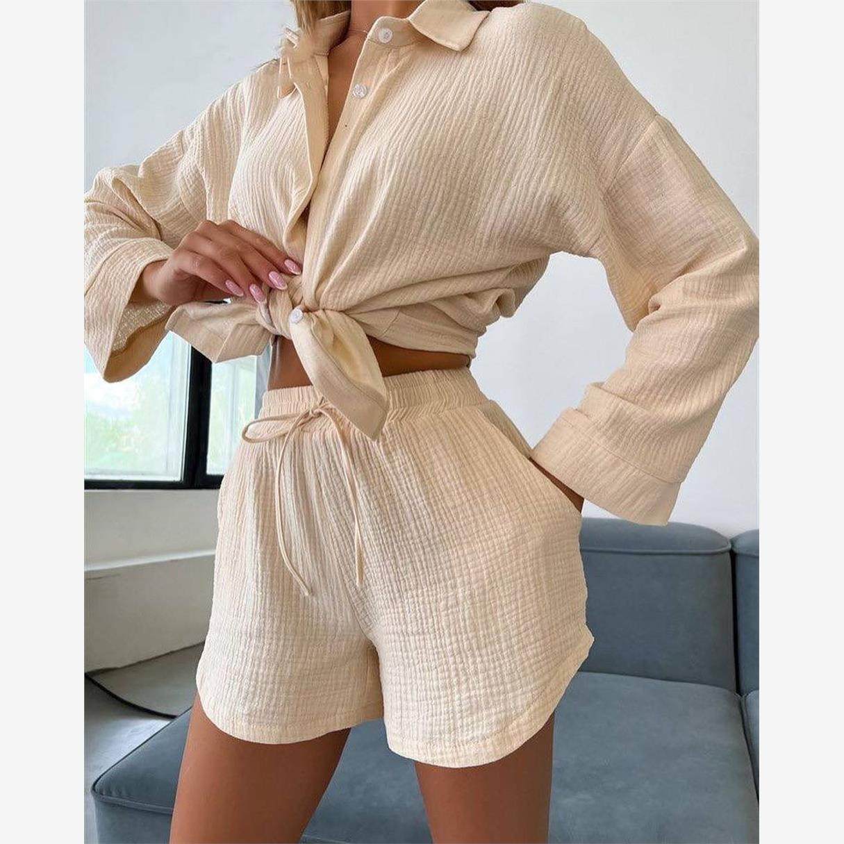 2024 Long sleeved Commuter Shirt Shorts Set 短裤套装