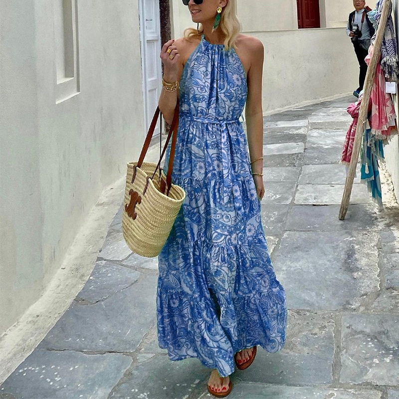 Women Bohemian Beach Dress无袖波西米亚印花度假沙滩连衣裙夏季