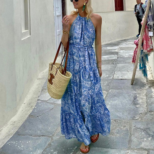 Women Bohemian Beach Dress无袖波西米亚印花度假沙滩连衣裙夏季