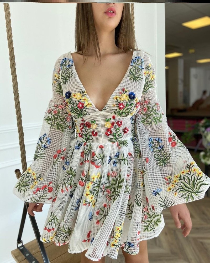 Embroidered dress网纱刺绣设计感灯笼袖仙女连衣裙生日派对礼服