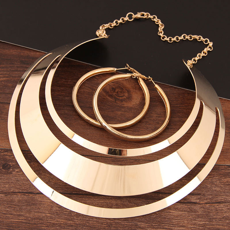 KMVEXO Trendy Gold Metal Torques Necklace Round Earrings Set