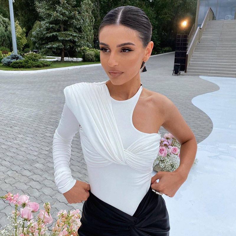 欧美性感气质单肩褶皱连