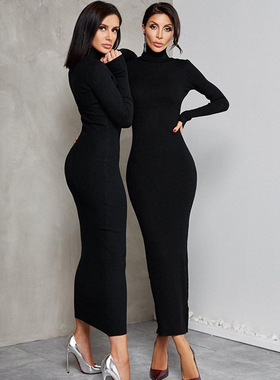 elegant high-neck stretch dress时尚高领长袖气质螺纹连衣长裙
