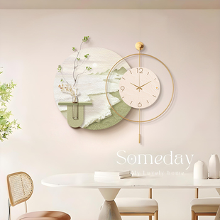 奶油风餐厅装饰画山水饭厅挂钟2025新款钟表客厅挂画餐桌时钟挂墙